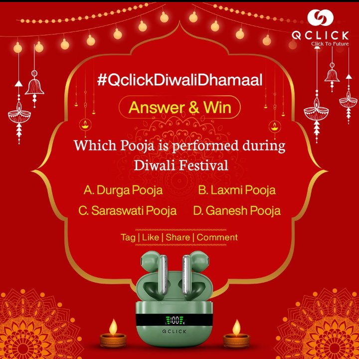 Light up your Diwali with knowledge and fortune! Answer the #QClickDiwaliDhamaal question and stand a chance to win big this festive season. Hurry, your Diwali jackpot awaits! 

#DiwaliContest #DiwaliCelebration #QClick #EarbudsMagic #india  #ContestAlert #contestday