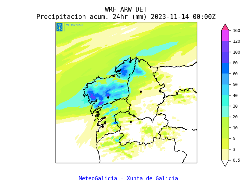 MeteoGalicia's tweet image. Previsión de chuvia para hoxe luns 👇

As cantidades van desde os menos de 5 litros/m2 nas comarcas de #Sarria #Lemos  #Ourense  #Allariz  #ALimia #Valdeorras aos máis de 80 litros/m2 en #Muros #Noia #Xallas #ABarcala #Barbanza #Santiago #Eume

Temperaturas cálidas e vento do sur