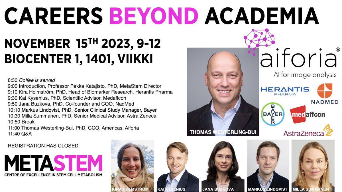 Excited about our upcoming Careers Beyond Academia Event that has attracted more than 100 participants. Big thank you already to our company speakers @TWesterling_Bui @MillaSummanen @JanaBuzkova1 Kira Holmström, Kai Kysenius and Markus Lindqvist @LifeSciHelsinki @HiLIFE_helsinki