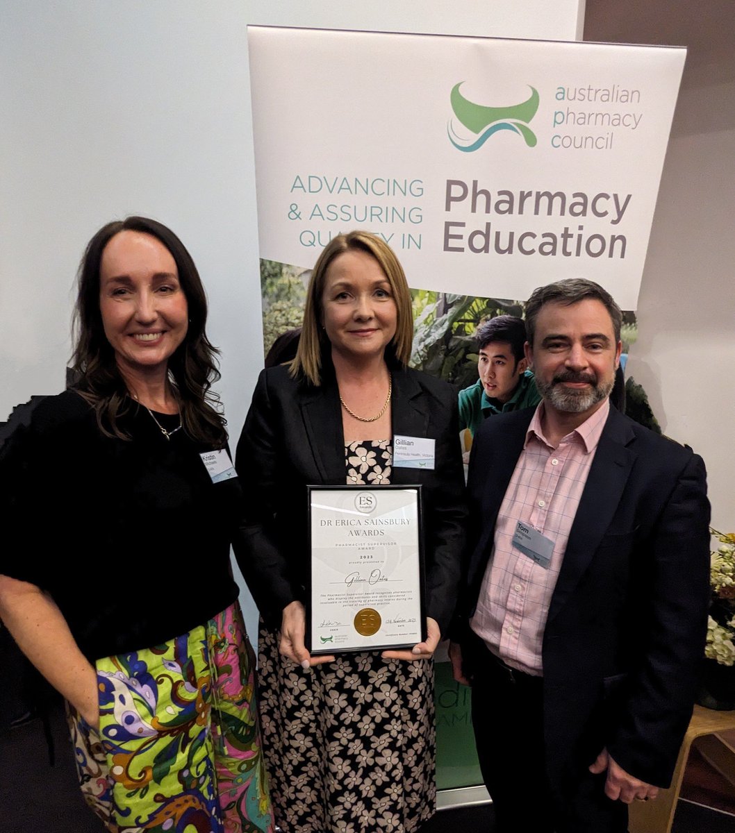 Advanced Pharmacy Australia (@adphaau) on Twitter photo Congrats to SHPA member Gilly Oates FANZCAP from <a href="/PeninsulaHealth/">Peninsula Health</a> #Pharmacy team on receiving an inaugural Dr Erica Sainsbury Pharmacist Supervisor Award. Gilly has been a wonderful preceptor, supervisor and leader for pharmacy interns, residents & researchers. @AusPharmCouncil Congrats to SHPA member Gilly Oates FANZCAP from <a href="/PeninsulaHealth/">Peninsula Health</a> #Pharmacy team on receiving an inaugural Dr Erica Sainsbury Pharmacist Supervisor Award. Gilly has been a wonderful preceptor, supervisor and leader for pharmacy interns, residents & researchers. @AusPharmCouncil