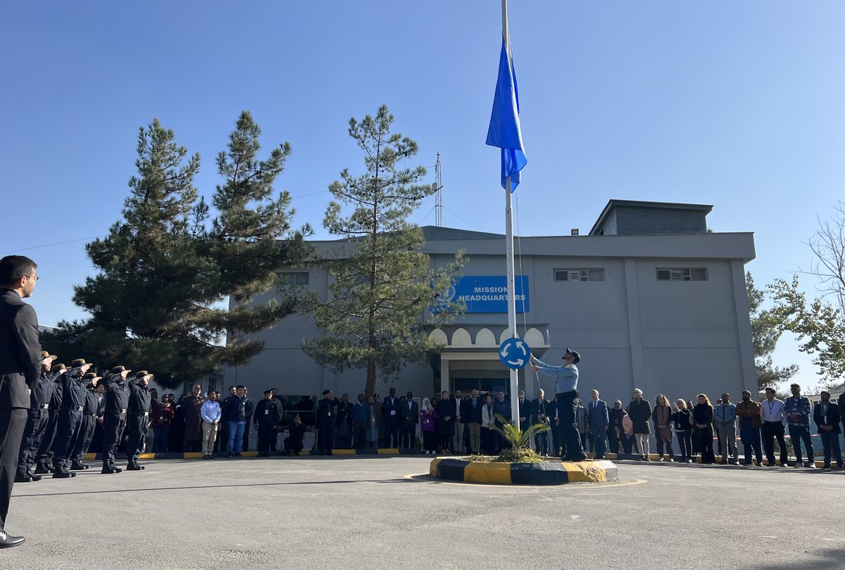 UN staff in #Afghanistan observe a minute of silence and the @UN flag is lowered to half-mast, as we mourn the more than 100 colleagues killed in Gaza – the highest number of UN aid workers killed in a conflict in the history of our organization. #NotATarget