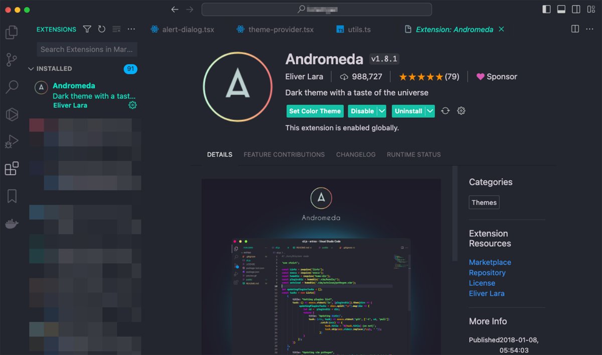 realstoman's tweet photo. Andromeda is a beautiful theme that makes VS Code look more visually appealing #code https://t.co/3IgWfT7Kb9