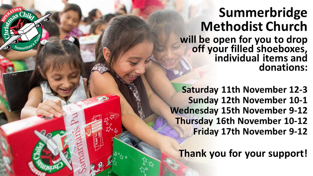 Another busy week this week, as it's <a href="/SamaritansPurse/">Samaritan's Purse</a> Shoebox collection week. Drop your box <a href="/SummerbridgeMC/">Summerbridge Methodist Church</a> any time on the poster. Thank you for donating to help children who otherwise would have no gifts at Christmas.