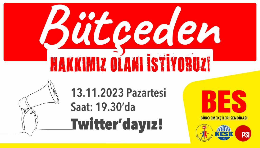 Vergide adaletin sağlanması, gelir eşitsizliğinin ortadan kaldırılması, bütçeden insanca yaşayacak ücret taleplerimizle twitterdayız!
🗓️ 13 Kasım 2023 Pazartesi
⏰ 19.30