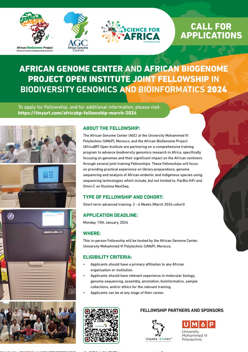 Today, we launch 1st of a series of Fellowships in Biodiversity Genomics & Bioinformatics for African scientists: The African Genome Center -  @DAISEA_AfricaBP Open Institute Joint Fellowship in Biodiversity Genomics & Bioinformatics 2024. Click to apply: tinyurl.com/africabp-fello…