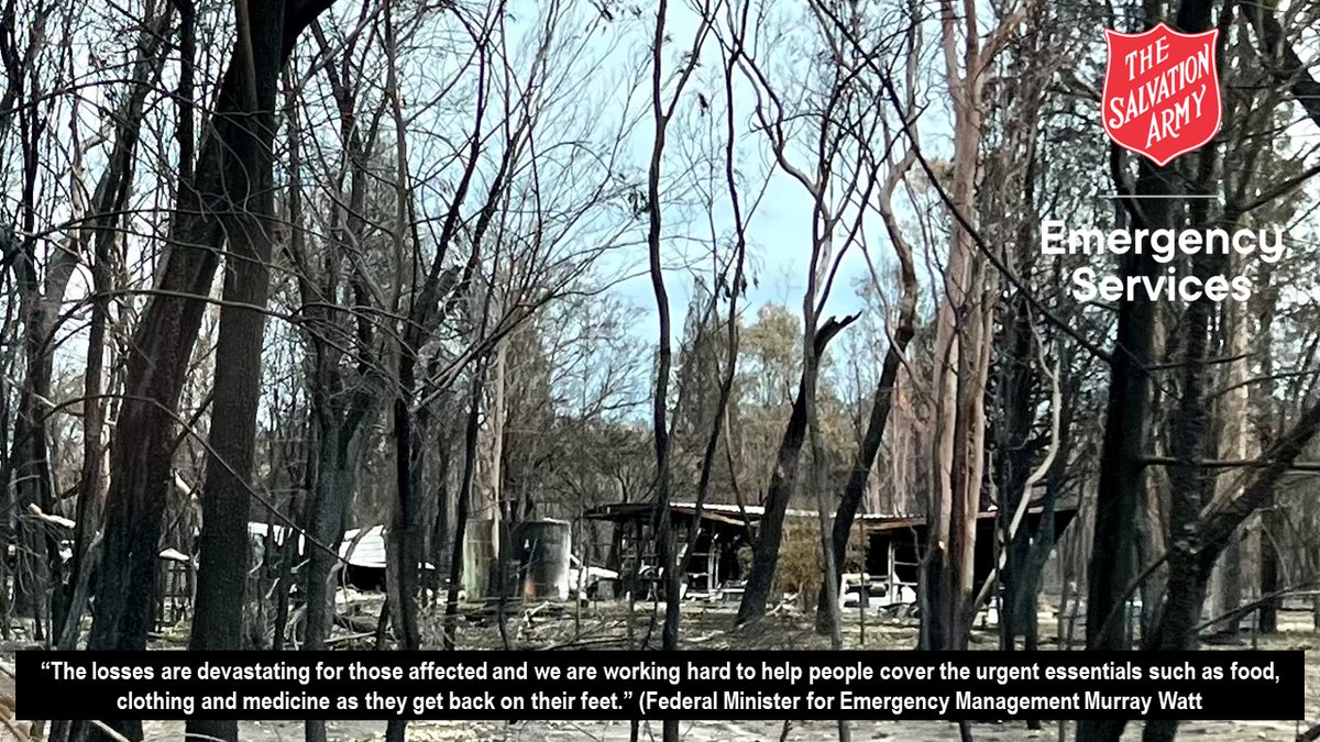DarylCrowden's tweet photo. As @salvos #EmergencyServices (SAES) continue to support the recovery of Queenslanders impacted by devastating fires, we welcome the additional support provided by the government. Go to https://t.co/sATYTWC6nn if you want to contribute to the recovery. @MurrayWatt @StevenJMiles https://t.co/PTlOCXZoIY
