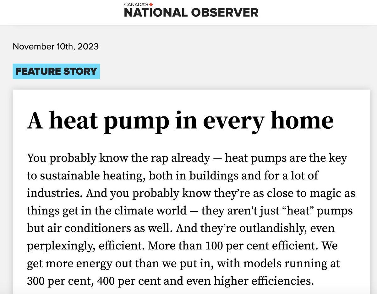 Heat pumps are 'as close to magic as things get in the climate world' and 'they’re outlandishly, even perplexingly, efficient'. Well said @zerocarbon @NatObserver! And honoured to be called 'one of Europe’s heat pump gurus' 😄 nationalobserver.com/newsletters/ze…