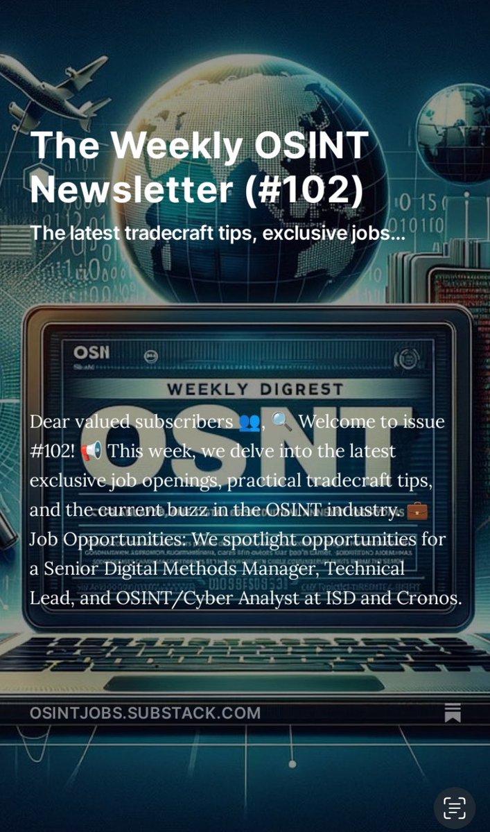 OsintJobs's tweet photo. Good morning #OSINT. Catch up with our weekly #OSINTNewsletter. Issue 102 was published last night
The latest tradecraft tips, industry news & three exclusive job offers
🔗https://t.co/UbAgc9TLfE
Ps: if you like our content, consider subscribing & sharing it with colleagues✌️ https://t.co/4tdP9tcNeh