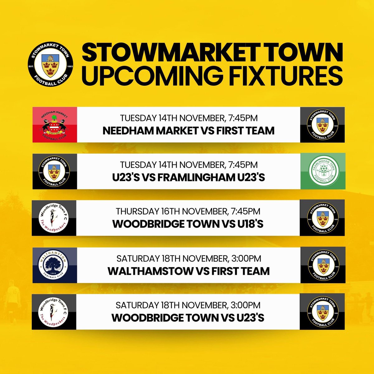 📆 A busy week ahead for #StowmarketTownFC:

🏆 Tue 14th Nov, 7:45pm: 
First Team vs Needham Market (Away) 

🏟️ Tue 14th Nov, 7:45pm: U23's vs Framlingham U23's (Home) 

🚌 Thu 16th Nov, 7:45pm: U18's vs Woodbridge Town (Away) 

🚌 Sat 18th Nov, 3:00pm: First Team vs Walthamstow