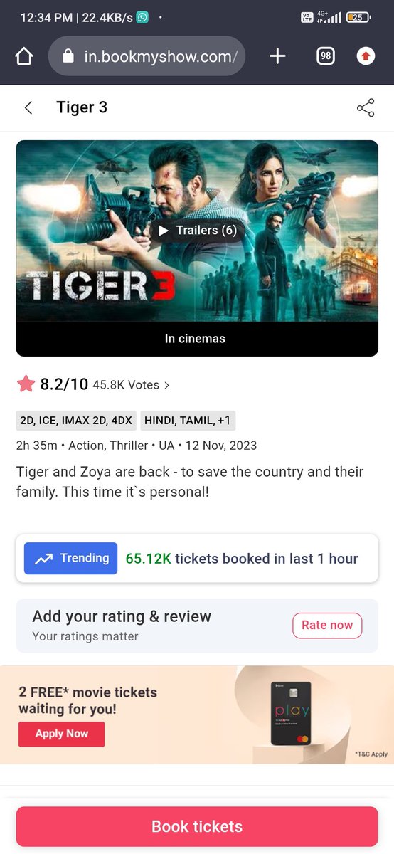 Sp63879995's tweet photo. #Tiger3 is an Invincible Force on #BookMyShow today thatt too in Morning Hours 🔥😲

It's Selling 65.12k Tickets Per Hour through this Website Only 🔥💥

Indicating an Early Thunderstorm ⛈️ Today and Tomorrow at the Box Office 🔥💣

Biggest Single Day For Hindi Loading 🔥💣🌀 https://t.co/LOqejTR3ws