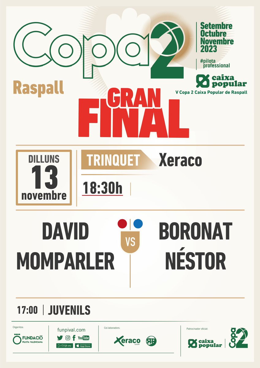 ✔️ Dilluns de gaudir de la #pilotaprofessional al trinquet de l’<a href="/XeracoAjuntamen/">Ajuntament de Xeraco</a> 
Gran Final de la V Copa2 <a href="/caixapopular/">Caixa Popular</a> 
A partir de les 18:30h i en directe per <a href="/Proximiatv/">Proximia</a>