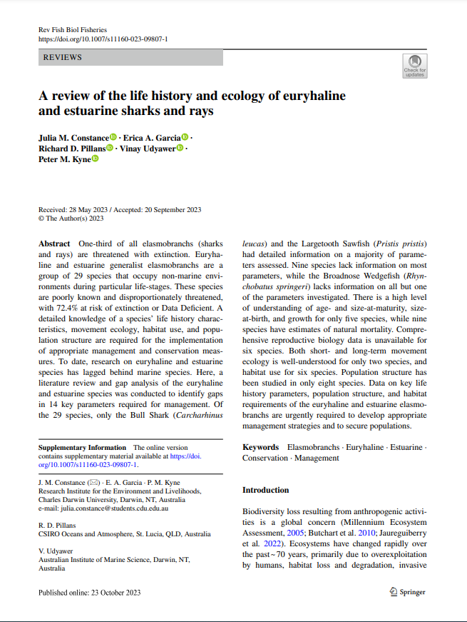 Neat new paper reviewing what's known - and more importantly, what's not known - about the life history of estuarine/euryhaline #sharks and #rays to inform their management.

@VinayUdyawer @spottedcatshark <a href="/RIELresearch/">RIEL</a> <a href="/CDUni/">Charles Darwin University</a> <a href="/CSIRO/">CSIRO</a> <a href="/aims_gov_au/">Australian Institute of Marine Science</a> 

link.springer.com/article/10.100…