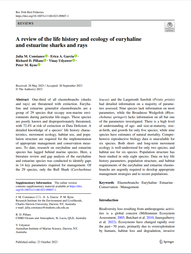 Neat new paper reviewing what's known - and more importantly, what's not known - about the life history of estuarine/euryhaline #sharks and #rays to inform their management.

@VinayUdyawer @spottedcatshark @RIELresearch @CDUni @CSIRO @aims_gov_au 

link.springer.com/article/10.100…