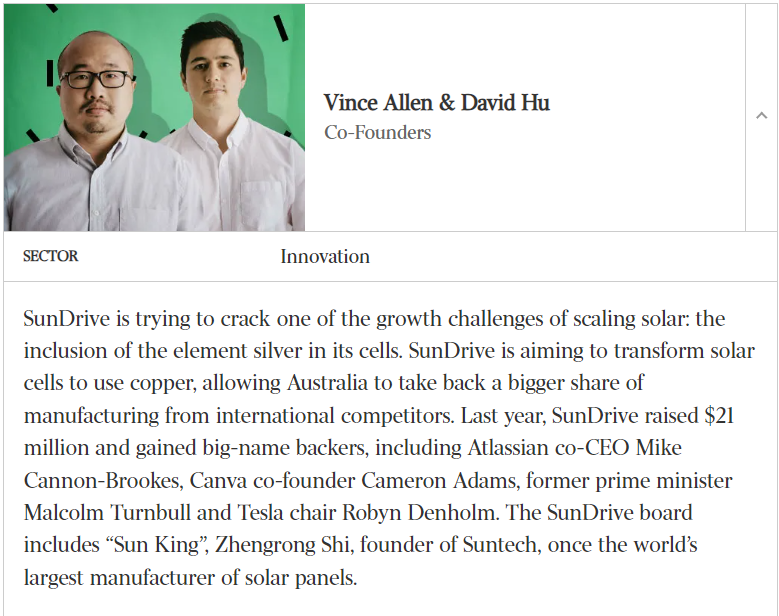 Our founders @vince_allen_ and David Hu have been recognised for their innovation in this year's @australian Top 100 Green Power Players. Congrats to them and all the leaders driving Australia's renewable energy future☀️