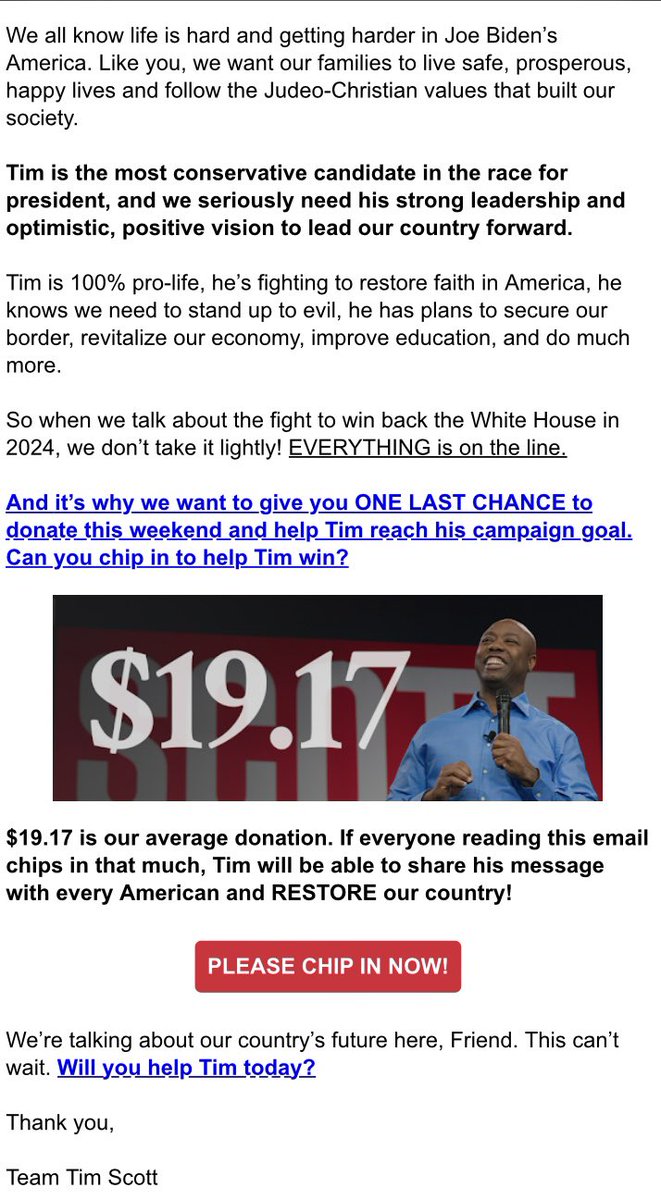 South Carolina Sen. Tim Scott has suspended his campaign for the GOP’s 2024 presidential nomination. He cancelled events in Iowa this weekend, due to the flu. His campaign sent a fundraising email at 8:30p central, subject line: one last chance. #iacaucus