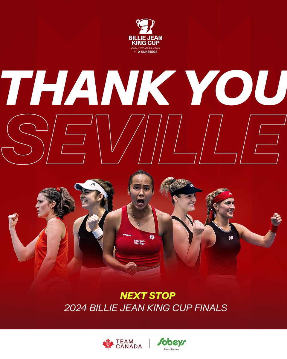 A great week at the #BJKCupFinals has come to an end ❤️ A big thank you to the Sevillan for their warm welcome. Team Canada presented by @sobeys will be back in 2024 at the Billie Jean King Cup Finals 🇨🇦