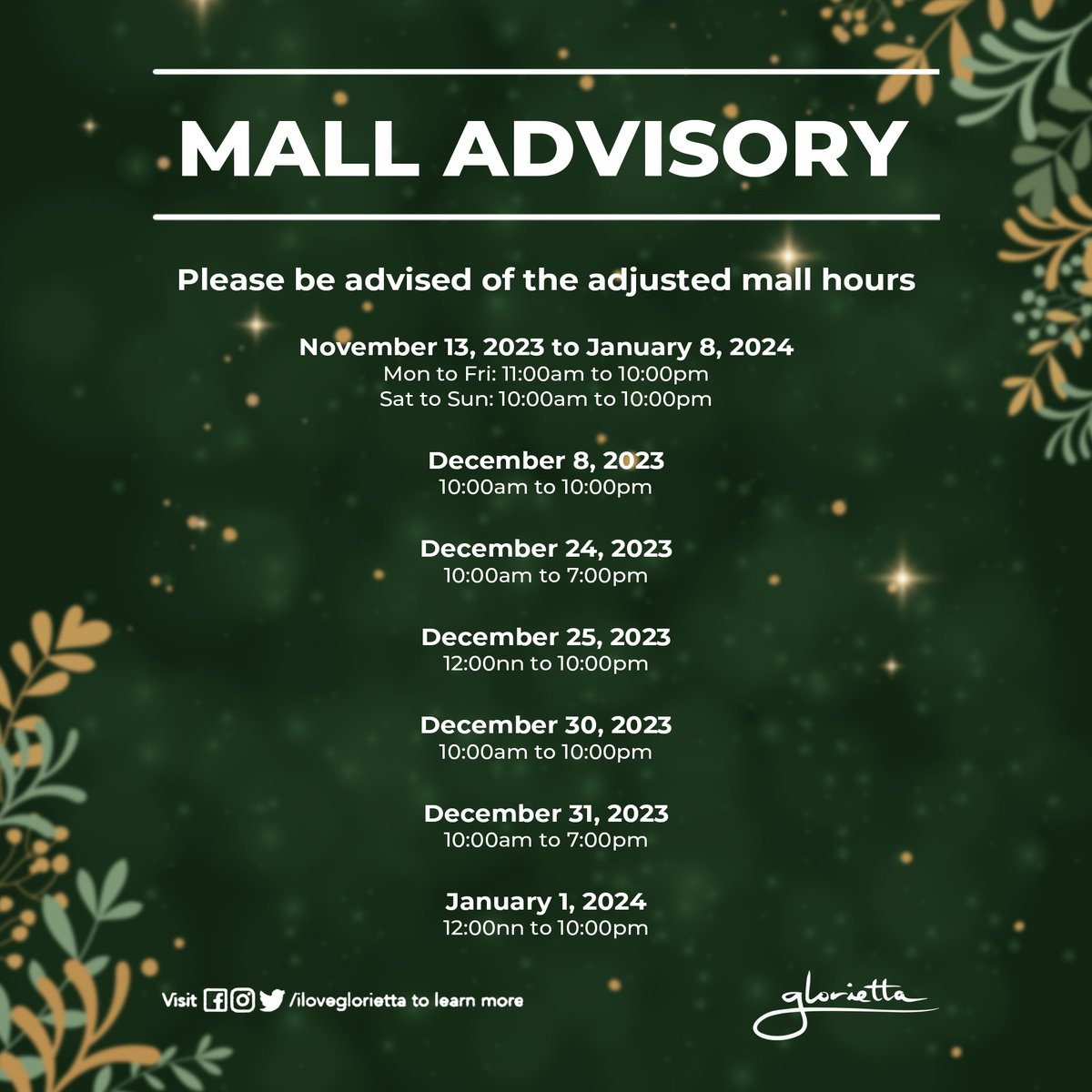 Mall Advisory ‼️🎄🎅🏻 Please be guided on our adjusted mall hours and make your shopping more convenient this holiday season. ✨