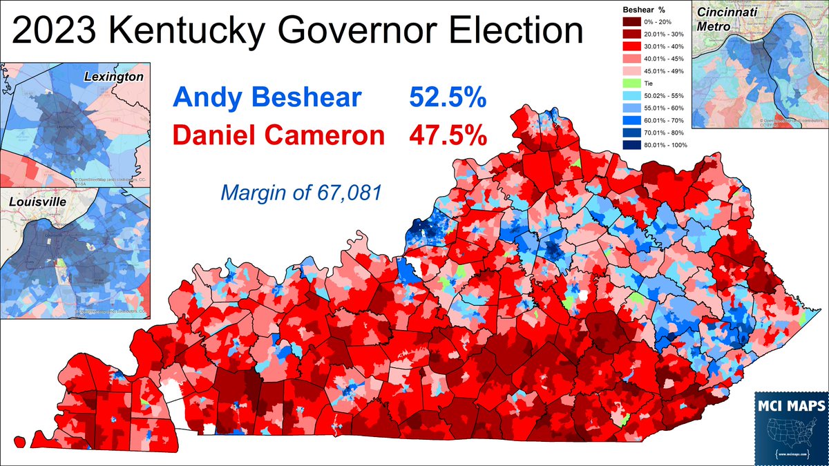Whew, precinct map of Kentucky governor wrapped up.

I'm going to have a newsletter in a few days with several precinct maps and looks at how votes shifted from 2019 and 2022

#kypol #kygov