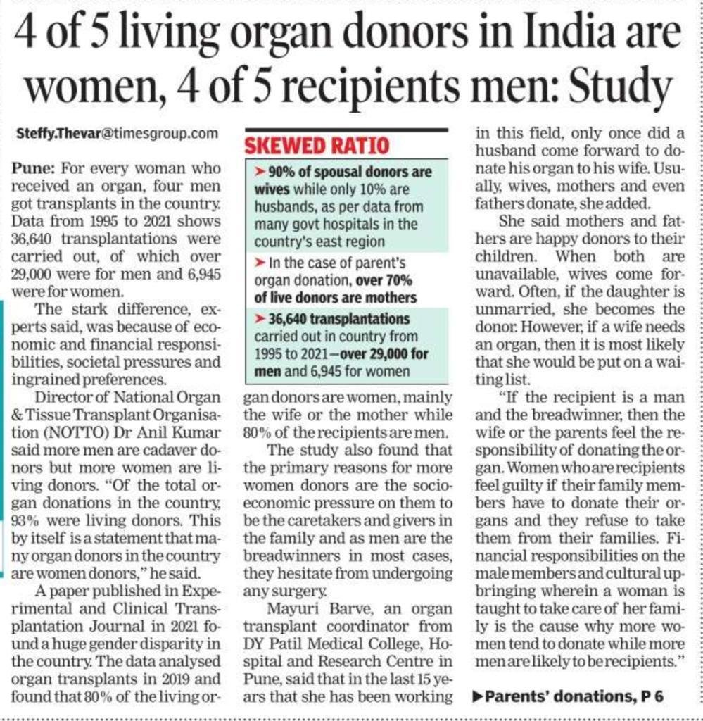 Quite a Study: "4 of 5 living organs donors in India are women.
4 of 5 recipients men"