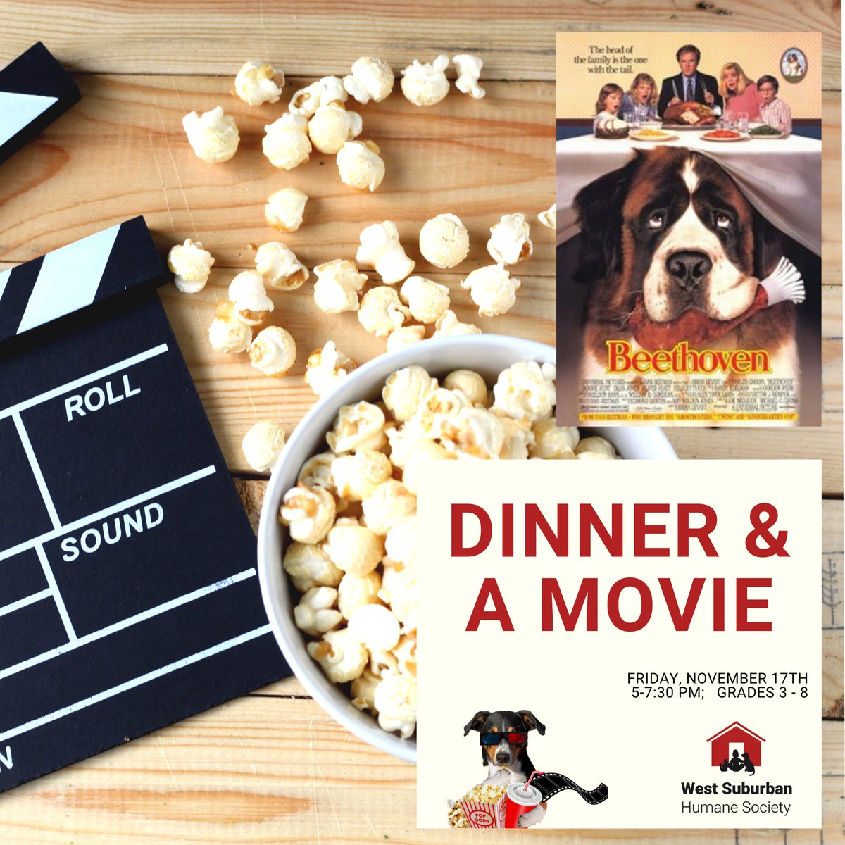 Join us for Dinner and a Movie featuring Beethoven!
He is a slobbering, shedding giant dog, and he is guaranteed to bowl you over!  Rated PG.  Join us for pizza, pop, and the movie.  Includes play time with our cats and dogs. $50

To register visit: WSHSMovieNight.givesmart.com