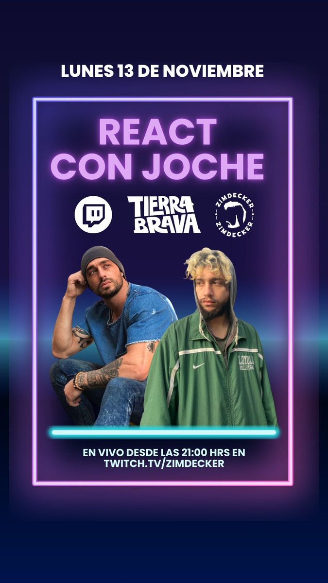 Zimdecker's tweet photo. Mañana lunes desde las 21 horas estaremos conversando y reaccionando en twitch a Tierra Brava con el gran e histórico de los realitys, Joche Bibbo.  

🔗 https://t.co/p8KIeNk94L 

¡No se lo pierdan! 

 #TierraBrava  #TierraBrava13  #TierraBravaC13 https://t.co/2hJbhYED0F