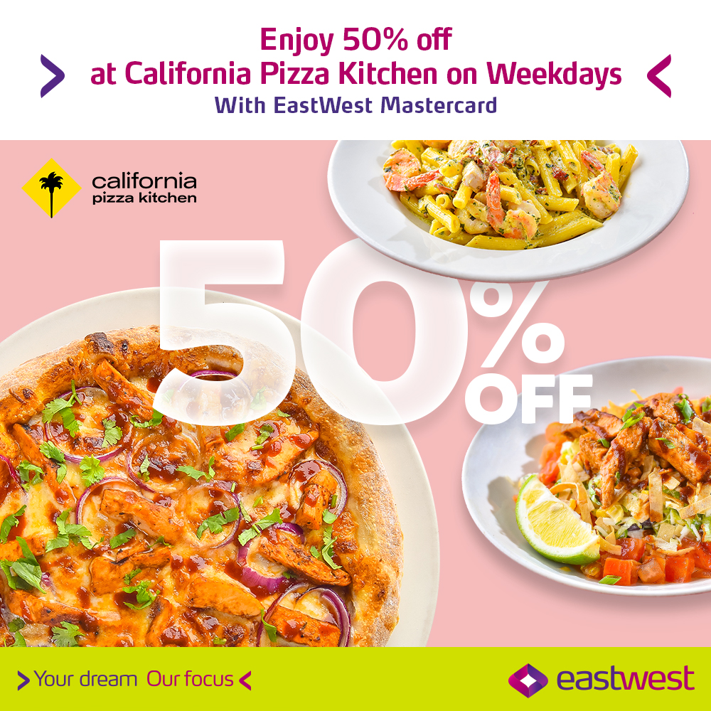 Satisfy your cravings w/ the famous Original BBQ Chicken Pizza at California Pizza Kitchen and enjoy 50% off* w/ your EastWest Mastercard on weekdays! Just spend a min. single-receipt of Php3K. Promo runs until 12/15/23. T&Cs apply. DTIFTEB176960 S2023. bit.ly/EWCPK50offTW23