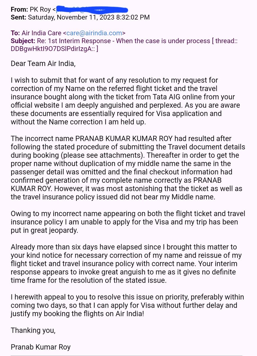 Deeply appalled by <a href="/airindia/">Air India</a> support. Our visa &amp; travel is in jeopardy because of your website's tech issue. It's been more than 7 days &amp; a simple name change is not yet resolved. Unsatisfactory assiatance over helpline too. Kindly look into it <a href="/TataCompanies/">Tata Group</a>
Case id: 00899292