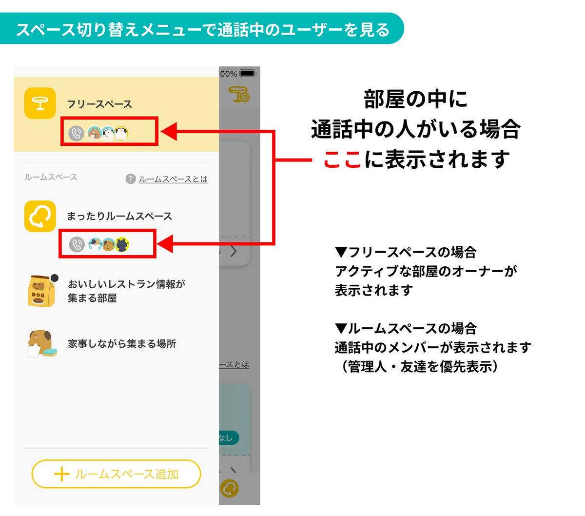 mocri_jp's tweet photo. 【📢アップデートのお知らせ】

フリースペース・ルームスペースの切り替えメニューに、現在通話に参加しているお友達のアイコンが表示されるようになりました！ https://t.co/iMMC1J6MGp