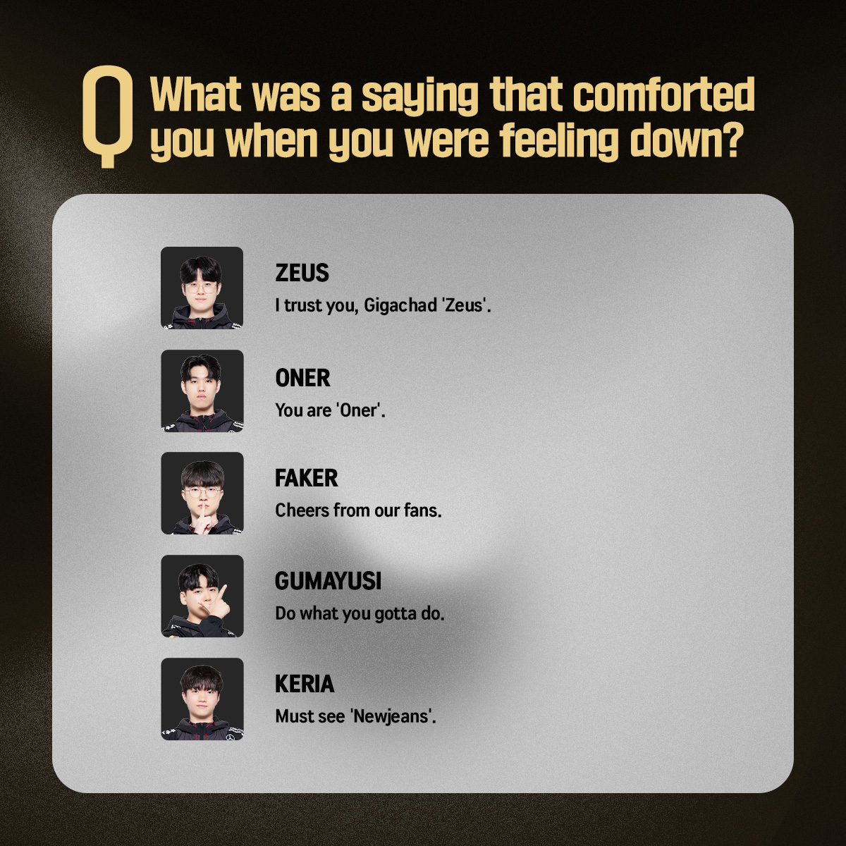 T1LoL's tweet photo. T1 선수들에게 일주일 동안 해줘야 할 말!😆

Keep this in mind when you see the players!😆

#T1WIN #T1Fighting #T1atWorlds2023 https://t.co/LjF1Pk5PIk
