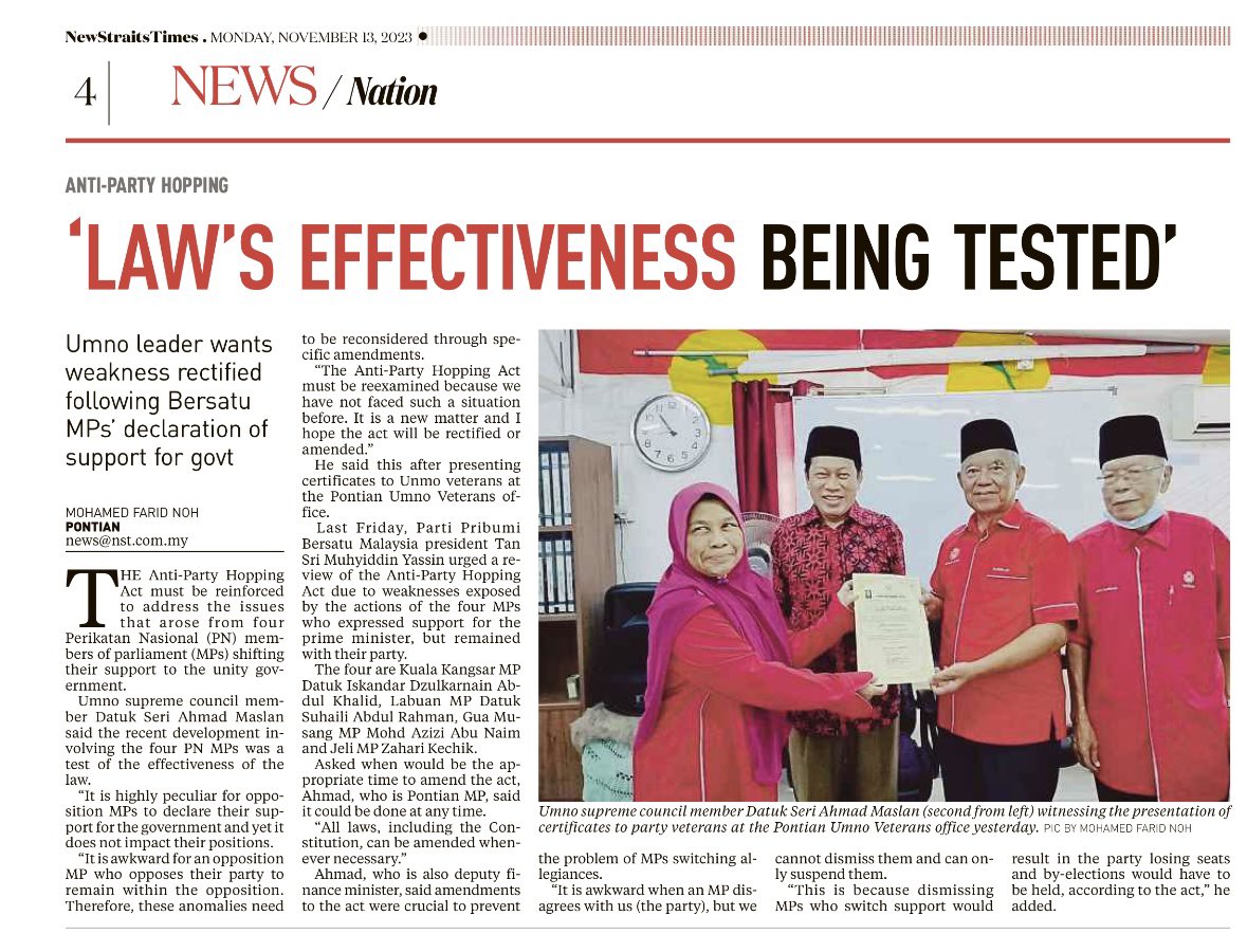 Saya sebut Akta Anti Lompat Parti wajar dipinda utk tangani apa sedang berlaku spt 4 org MP PPBM yg sokong #PMX DS <a href="/anwaribrahim/">Anwar Ibrahim</a>.

PPBM tidak sokong, malah tidak setuju kpd Titah #Agong yg berkehendak kpd #KerajaanPerpaduan. Kelompangan undang2 ini sbb Akta wajar diteliti semula.