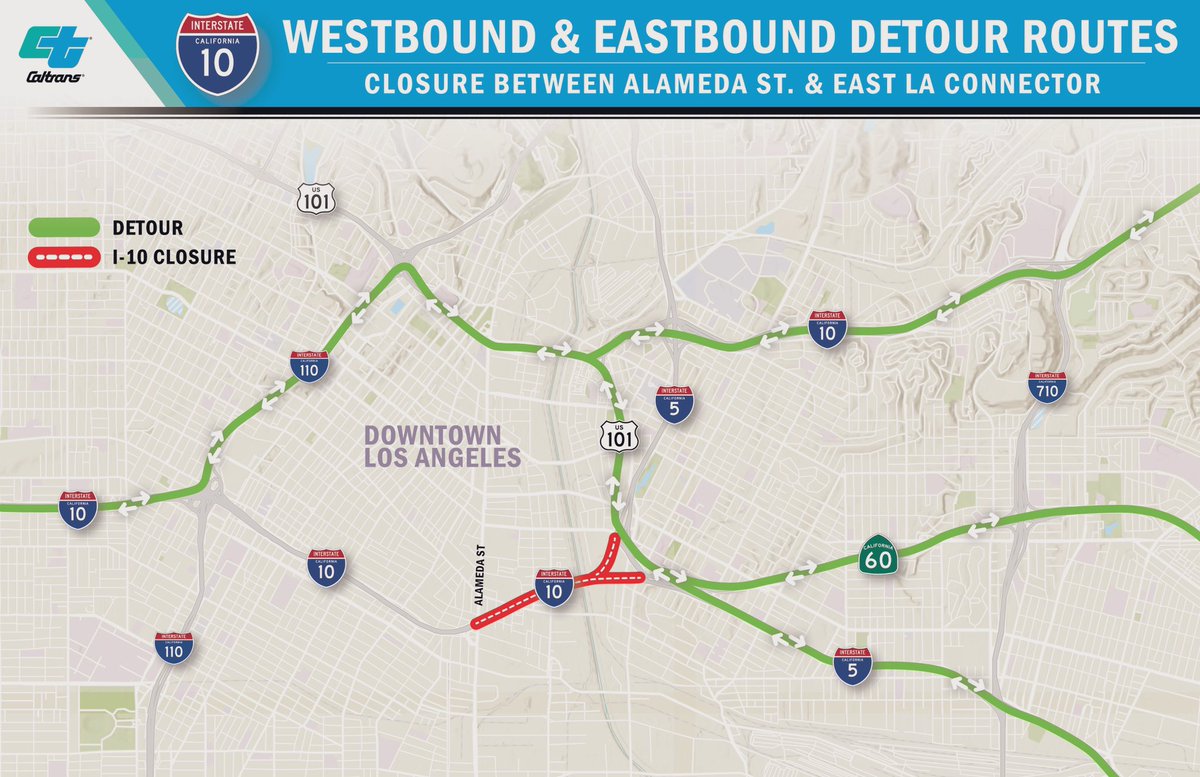 🚨TRAFFIC ALERT🚨 I-10 remains closed in #DTLA btwn Alameda St & the East LA interchange. Plan for extra time for your morning commute, work from home if you can, or take public transit. Check QuickMap.dot.ca.gov prior to leaving for your destination for road closures.