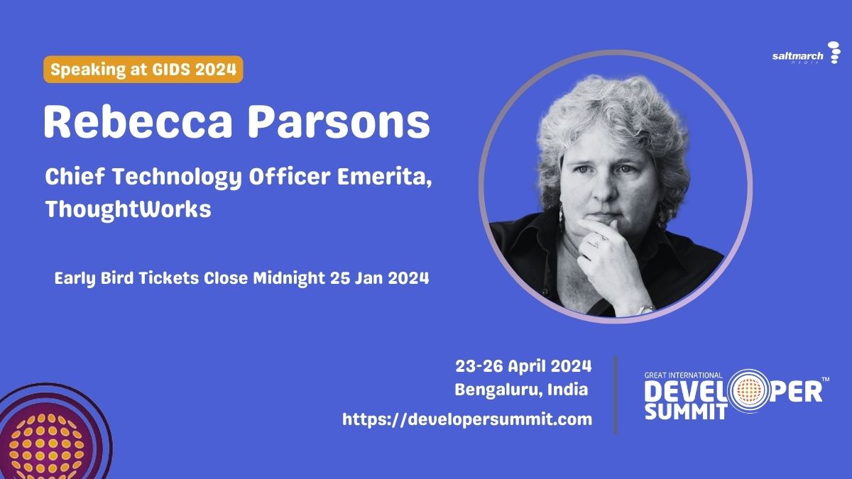 🚀 Dive into the world of Gen AI and Evolutionary Architectures with <a href="/rebeccaparsons/">Rebecca Parsons</a> at #GIDS 2024!

👩‍💻 A pioneer in tech and diversity, her sessions are a must-attend for every tech enthusiast!

🎟️ Early Bird Tickets are available! Book now: townscript.com/v2/e/gids2024/… <a href="/thoughtworks/">Thoughtworks</a>