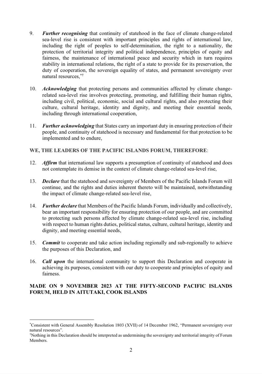 The leaders of the Pacific Island Forum have declared “that the statehood of its members shall continue & the rights & duties inherent thereto will be maintained notwithstanding the impacts of climate change” Groundbreaking & significant contribution to international on statehood