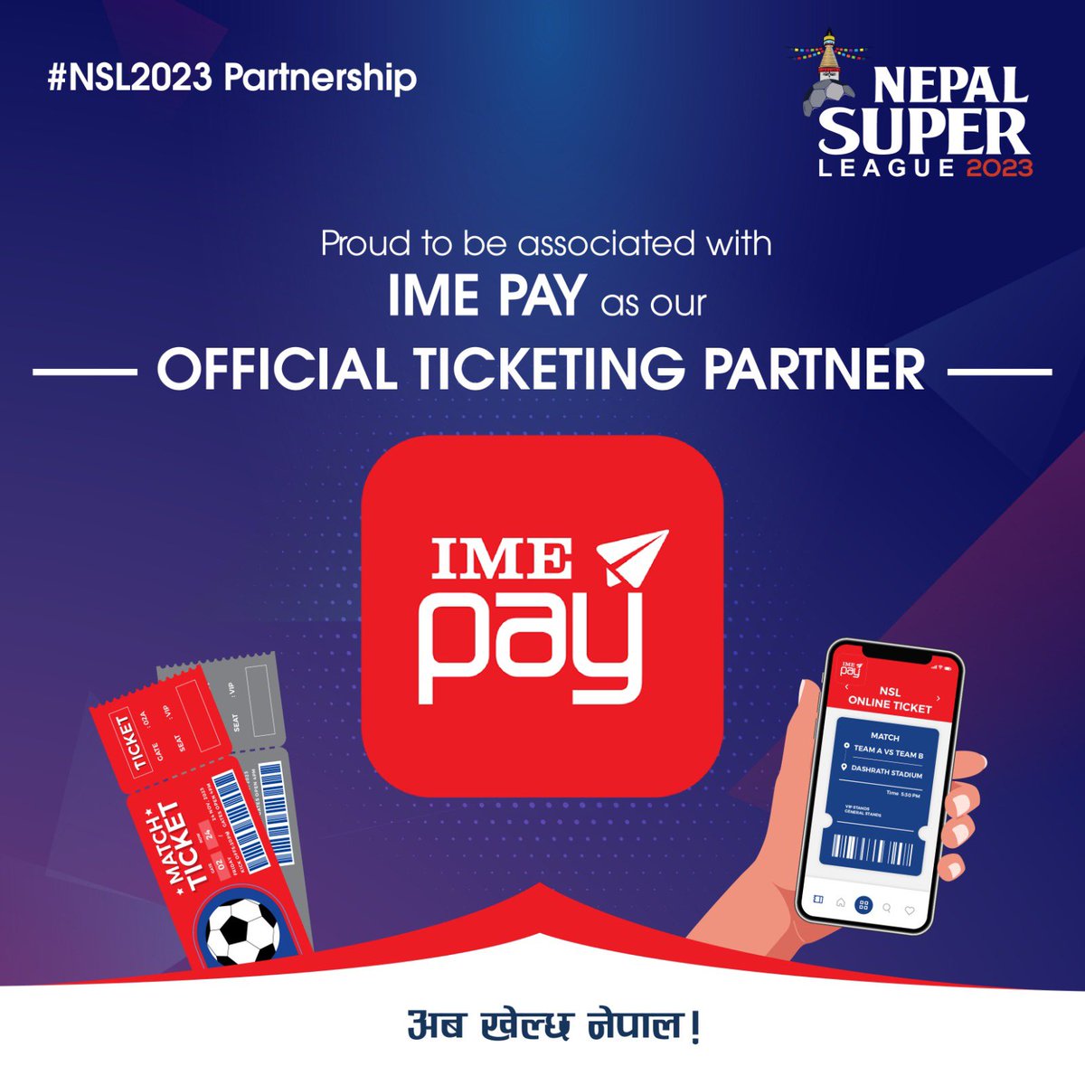 Nepal Super League is proud to join forces with IME Pay as our Official Ticketing Partner. Get ready for a streamlined ticketing experience – stay tuned, Ticket sales go live soon!

#NepalSuperLeague #NSL2023 #abakhelchanepal #nslseason2 #IMEpay