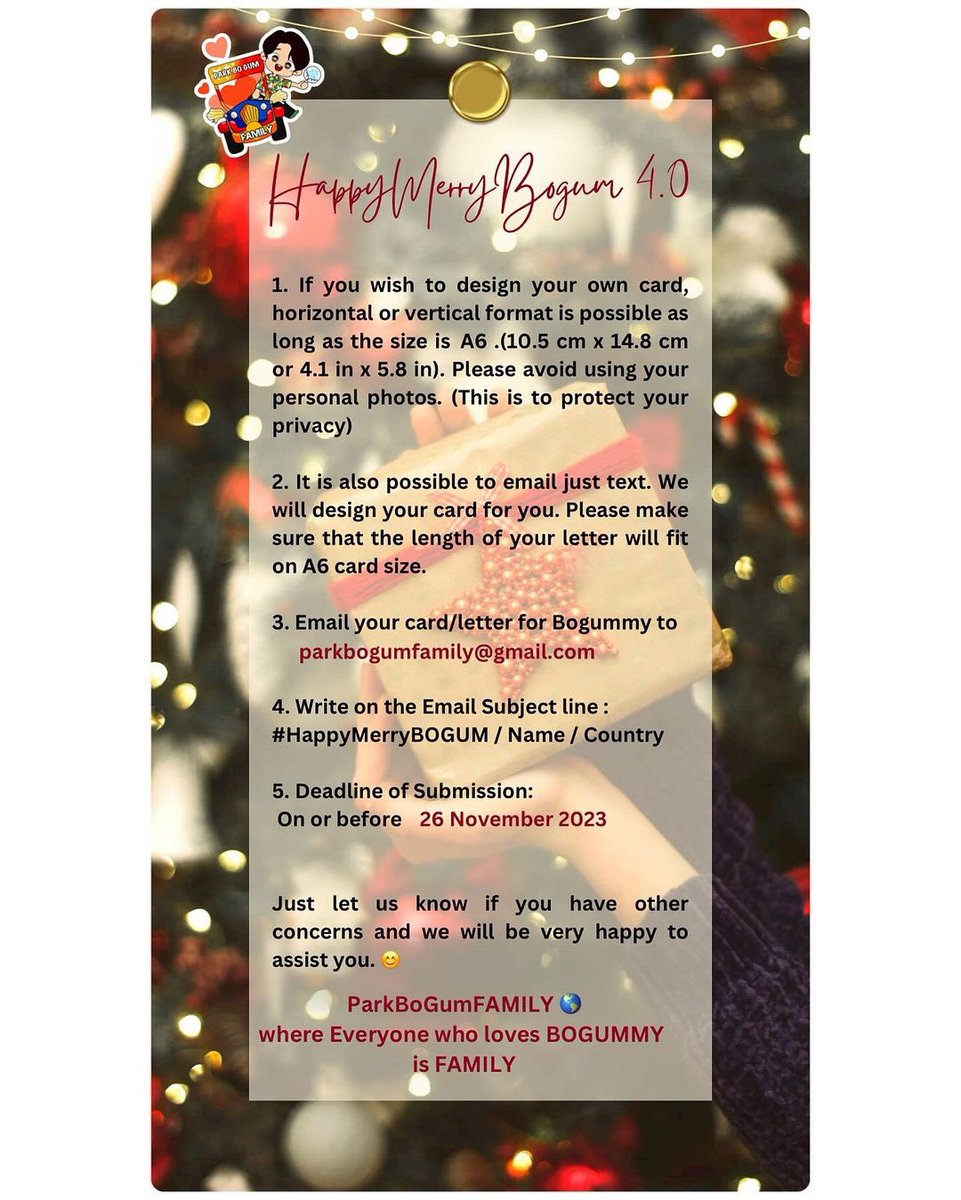 parkbogumfamiIy's tweet photo. Ho! Ho! Ho!🎅

It's  #HappyMerryBOGUM 4.0

We are collecting Christmas letters for #ParkBoGum 📨 from all countries

Let us make @BOGUMMY extra happy this Christmas🎄

Email your letter  for #박보검 to parkbogumfamily@gmail.com on or before 26 Nov 2023

 See  pic👇 for guidelines https://t.co/fytF5yDkjX