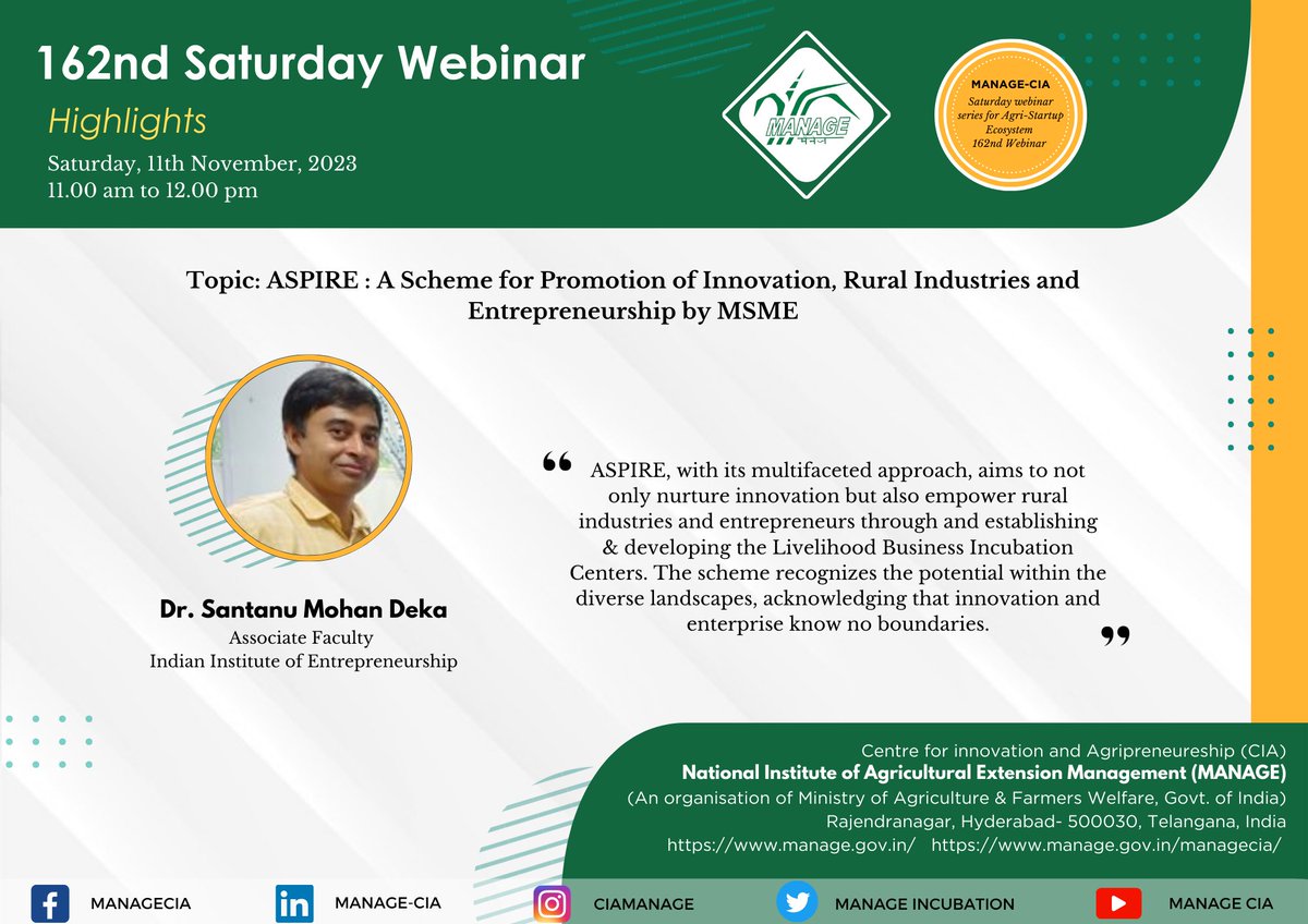 MANAGE-CIA conducted its 162nd #Webinar on 'ASPIRE: A #Scheme for Promotion of Innovation, Rural Industries and Entrepreneurship by #MSME'. Revisit the best moments of the webinar on our youtube channel link: youtube.com/live/ku_Yu4aoe… #ASPIREScheme #RuralEntrepreneurship