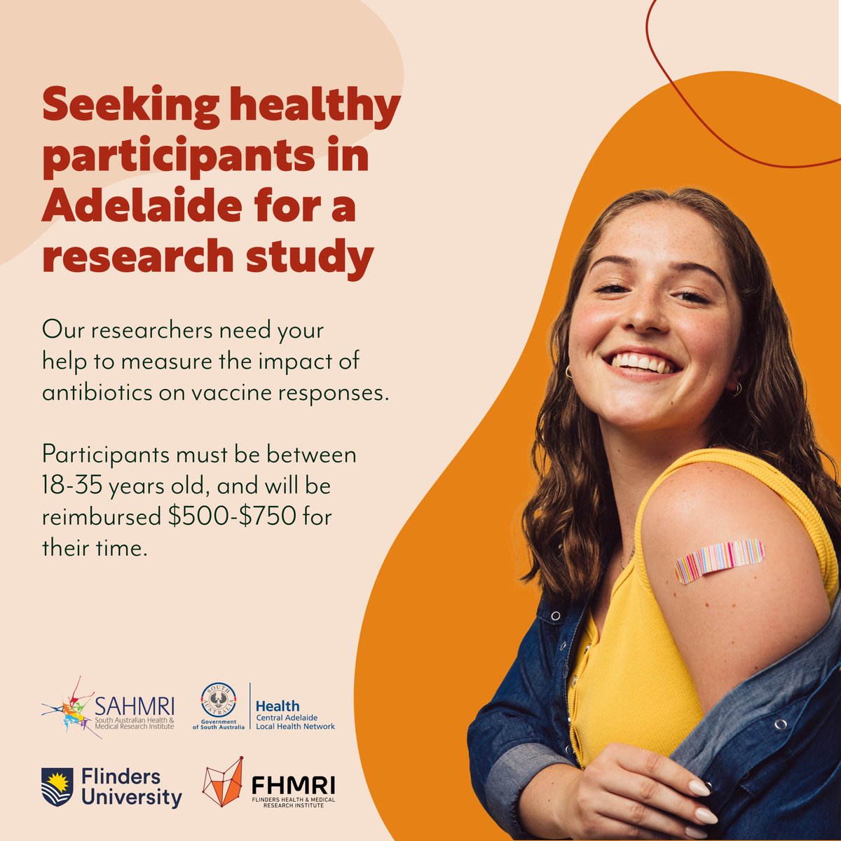 We're looking for healthy, young (18-35yo) participants in Adelaide for our new study! Participants must be willing to take a course of antibiotics 💊 + undergo vaccination 💉and multiple blood draws 🩸+ self-collect stool samples 💩 ➡️Find out more here sahmri.org.au/avirs