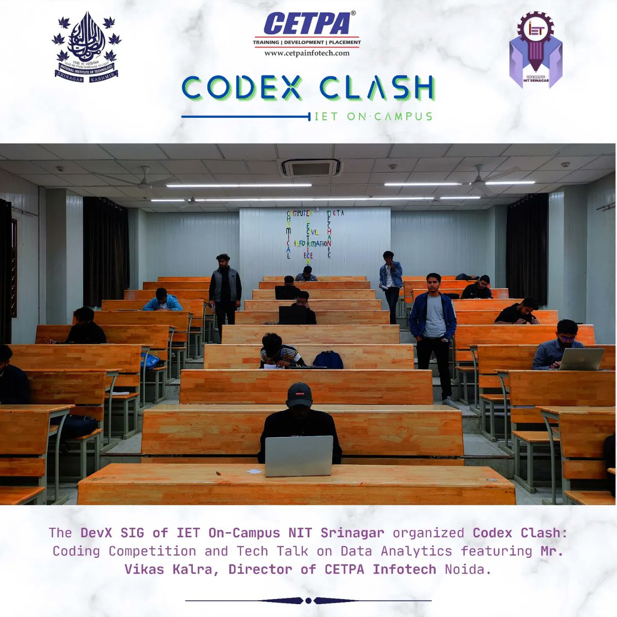 nitsriofficial's tweet image. We're thrilled to share highlights from our recent event at IET On-Campus NIT Srinagar: a dynamic blend of knowledge, competition, and networking!
#DevXEvents #CodingCompetition #DataAnalytics #TechTalks #IETOnCampus #NITSrinagar #ProfessionalDevelopment