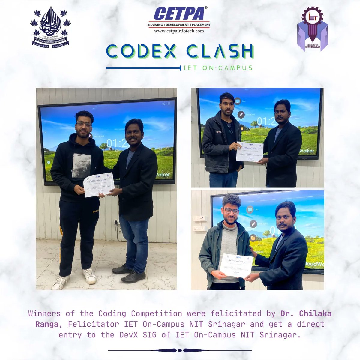 nitsriofficial's tweet image. We're thrilled to share highlights from our recent event at IET On-Campus NIT Srinagar: a dynamic blend of knowledge, competition, and networking!
#DevXEvents #CodingCompetition #DataAnalytics #TechTalks #IETOnCampus #NITSrinagar #ProfessionalDevelopment