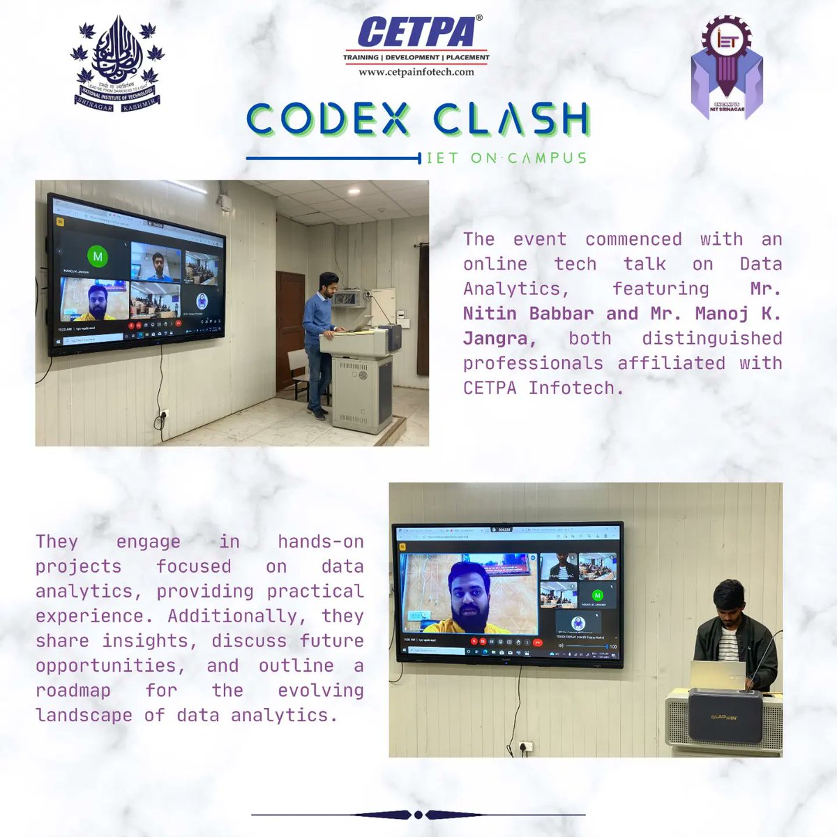 nitsriofficial's tweet image. We're thrilled to share highlights from our recent event at IET On-Campus NIT Srinagar: a dynamic blend of knowledge, competition, and networking!
#DevXEvents #CodingCompetition #DataAnalytics #TechTalks #IETOnCampus #NITSrinagar #ProfessionalDevelopment