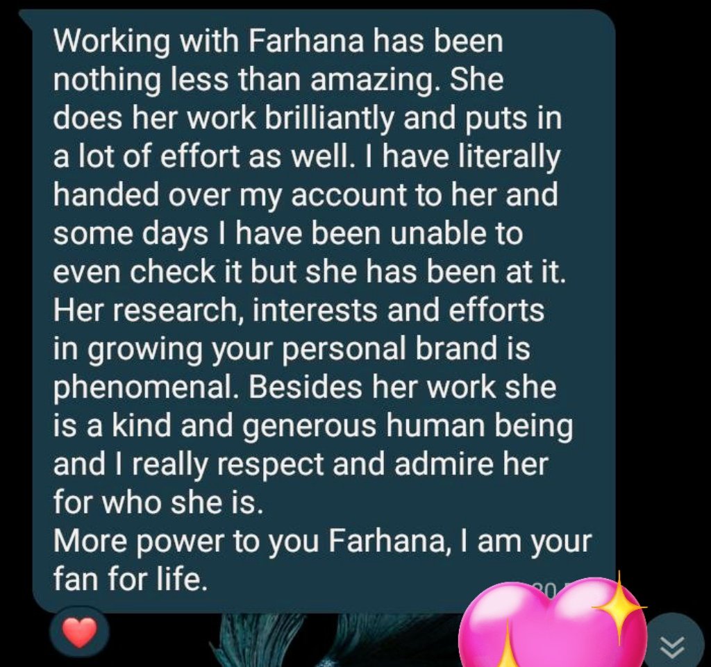 HayFarhana11's tweet image. Nothing is satisfying than a good review.

 I don&apos;t serve services,

I solves problems like a pro.

She gives me a task to build her personal brand from scratch on X, and here&apos;re the results.

PS: let&apos;s play our role to train this youth for a bright future.