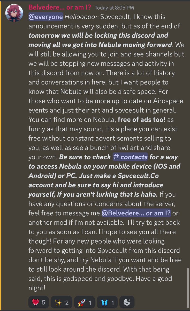 Spairoace's tweet photo. For those that didn’t see the announcement for the @airospvce discord. Sometime around tomorrow or the next, Airo will also go live on IG and answer any questions about Nebula, and just hang prolly. so come along! https://t.co/IyrBsYmsRq