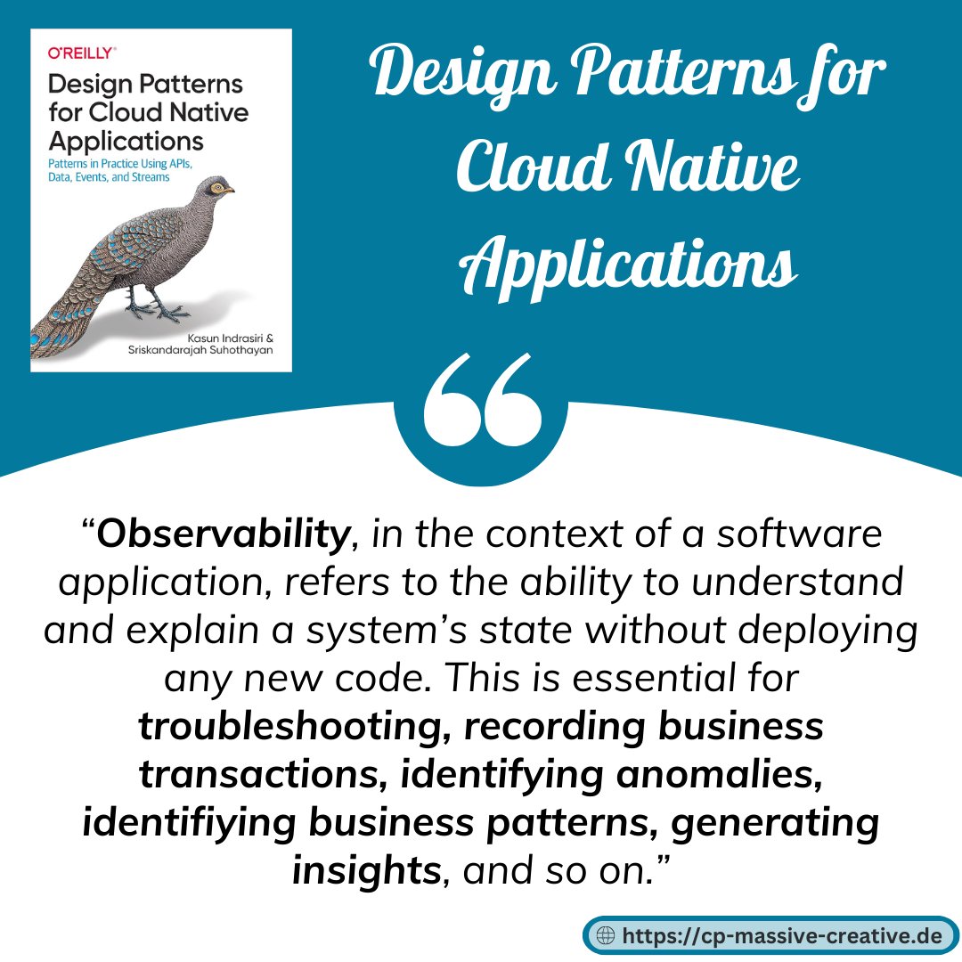 #Observability refers to the ability to understand and explain a system’s state without deploying any new code. This is essential for troubleshooting, recording #businesstransactions, identifying anomalies, identifiying #businesspatterns, generating insights. #cloudnative