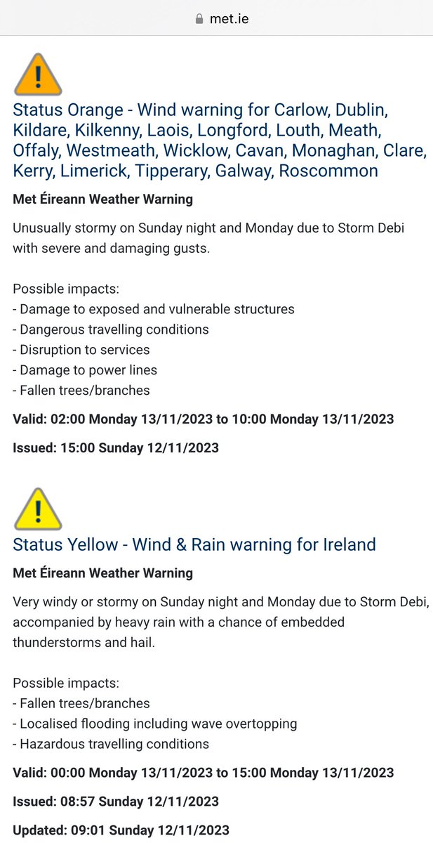 CarlowWeather's tweet photo. The weather warnings have been updated with red warnings expired in some areas but times changed for others. East Galway and Roscommon red until 7am now and further East extended to 9am. #StormDebi https://t.co/6fA0OvW52Z