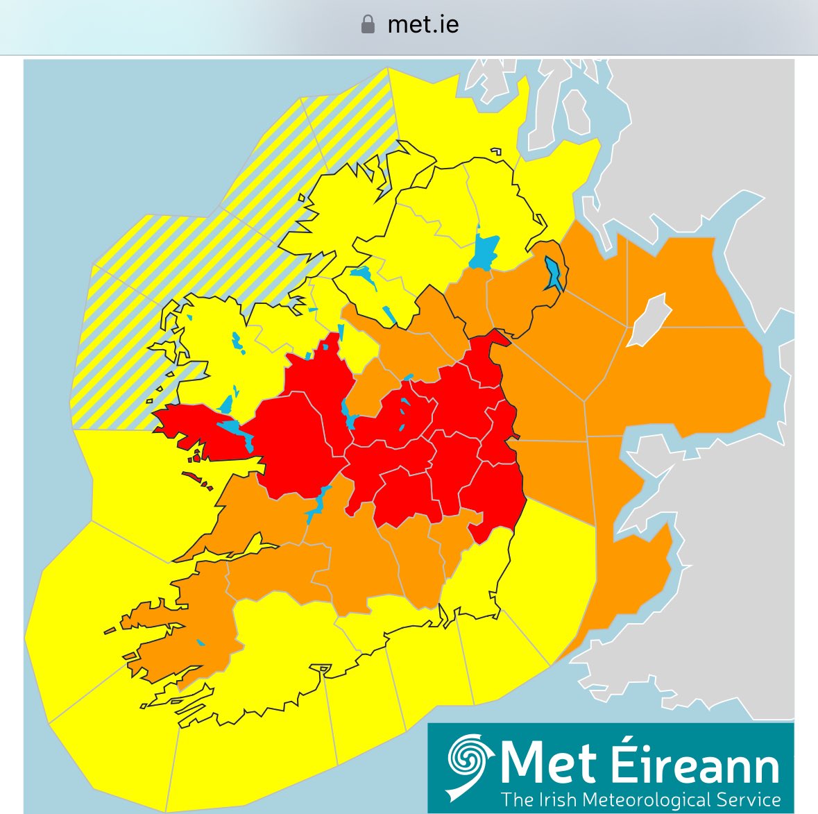 CarlowWeather's tweet photo. The weather warnings have been updated with red warnings expired in some areas but times changed for others. East Galway and Roscommon red until 7am now and further East extended to 9am. #StormDebi https://t.co/6fA0OvW52Z