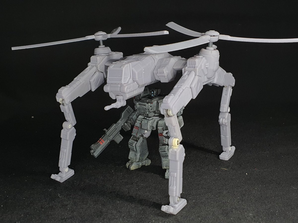 SeanSuchanya's tweet photo. 2nd print of the Dragonfly VTOL.  The new parts fit better but the wing connectors need to be stronger. I might proceed to paint one as i make further adjustments. #miniature #3Dprinting #3dprint #mech #mecha #robot #toyprototype https://t.co/UboladZis8