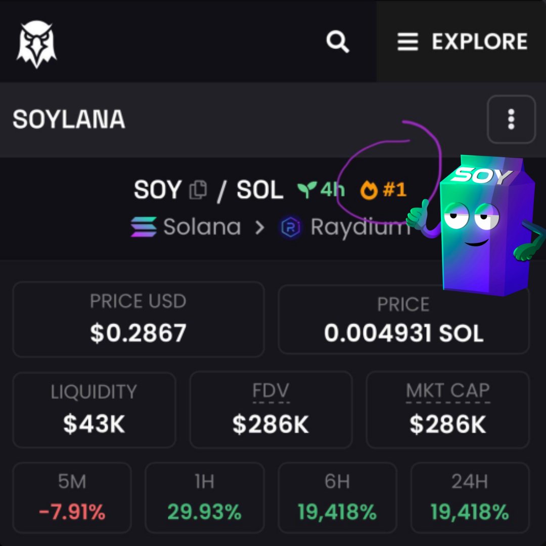 Soylana is now number one trending on dexscreener🥛

$SOY
