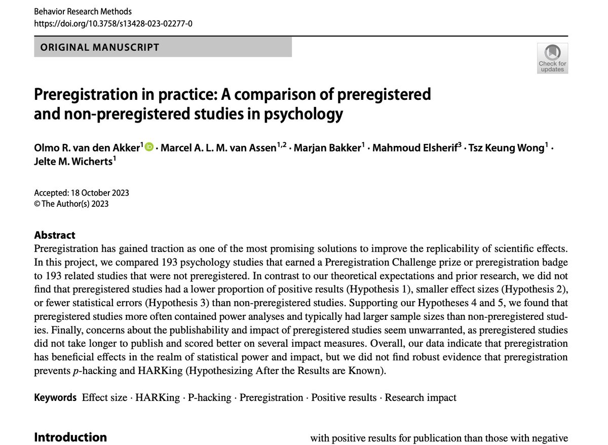 JelteWicherts's tweet image. Preregistration in practice: A comparison of preregistered and non-preregistered studies in psychology @DenOlmo
link.springer.com/article/10.375…
