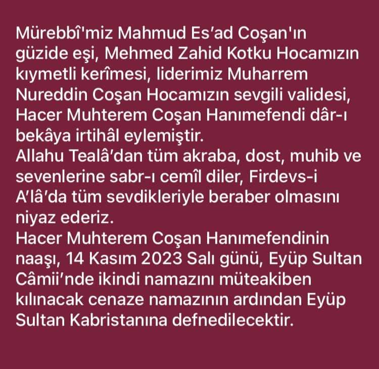 İnnâ lillâhi ve innâ ileyhi râciûn.

Hacer Muhterem Coşan Hanımefendi Rahmeti Rahman'a Kavuştu.

akra.media/Haber/haberDet…