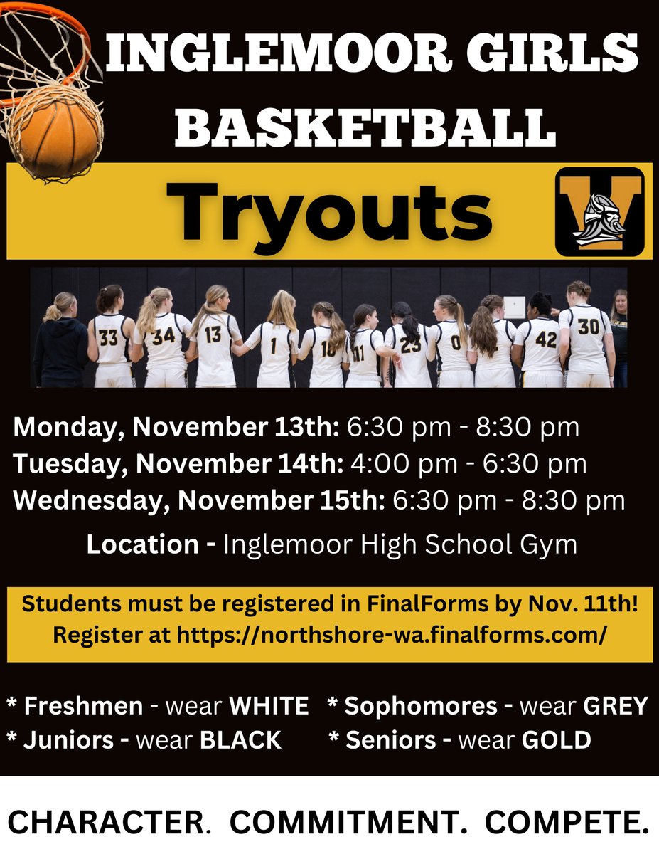 Basketball tryouts start tomorrow. A few things to remember: 

1. Be registered in FinalForms with  your status green. 
2. Wear basketball/court shoes, shorts, and a t-shirt in the color assigned to your class. 
3. Bring a water bottle. 
4. Come ready to work and have fun!